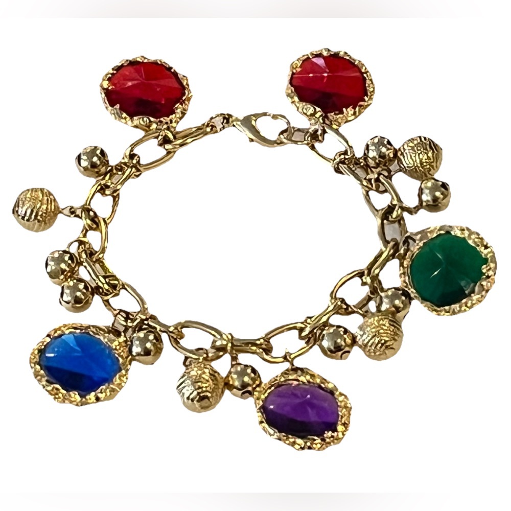 Elegant Gold Tone Vintage Faux Gem Stone Charm Vintage Bracelet 7.75” LIKE NEW